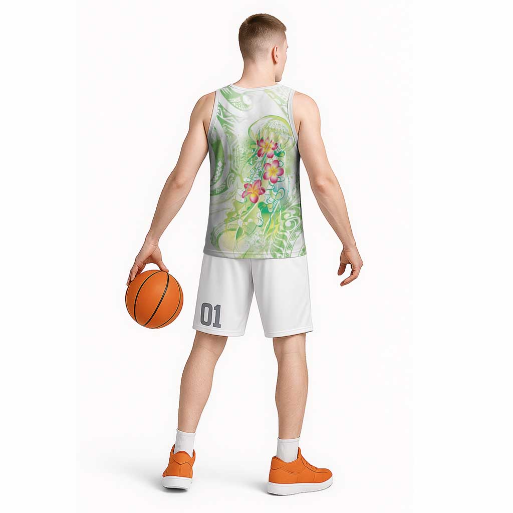 Summer Green Polynesian Jellyfish Basketball Jersey Watercolor Glows - Polynesian Pride