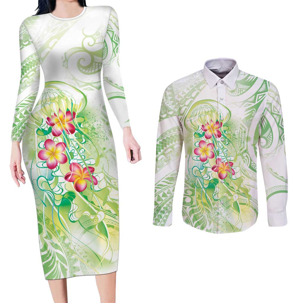 Summer Green Polynesian Jellyfish Couples Matching Long Sleeve Bodycon Dress and Long Sleeve Button Shirt Watercolor Glows - Polynesian Pride