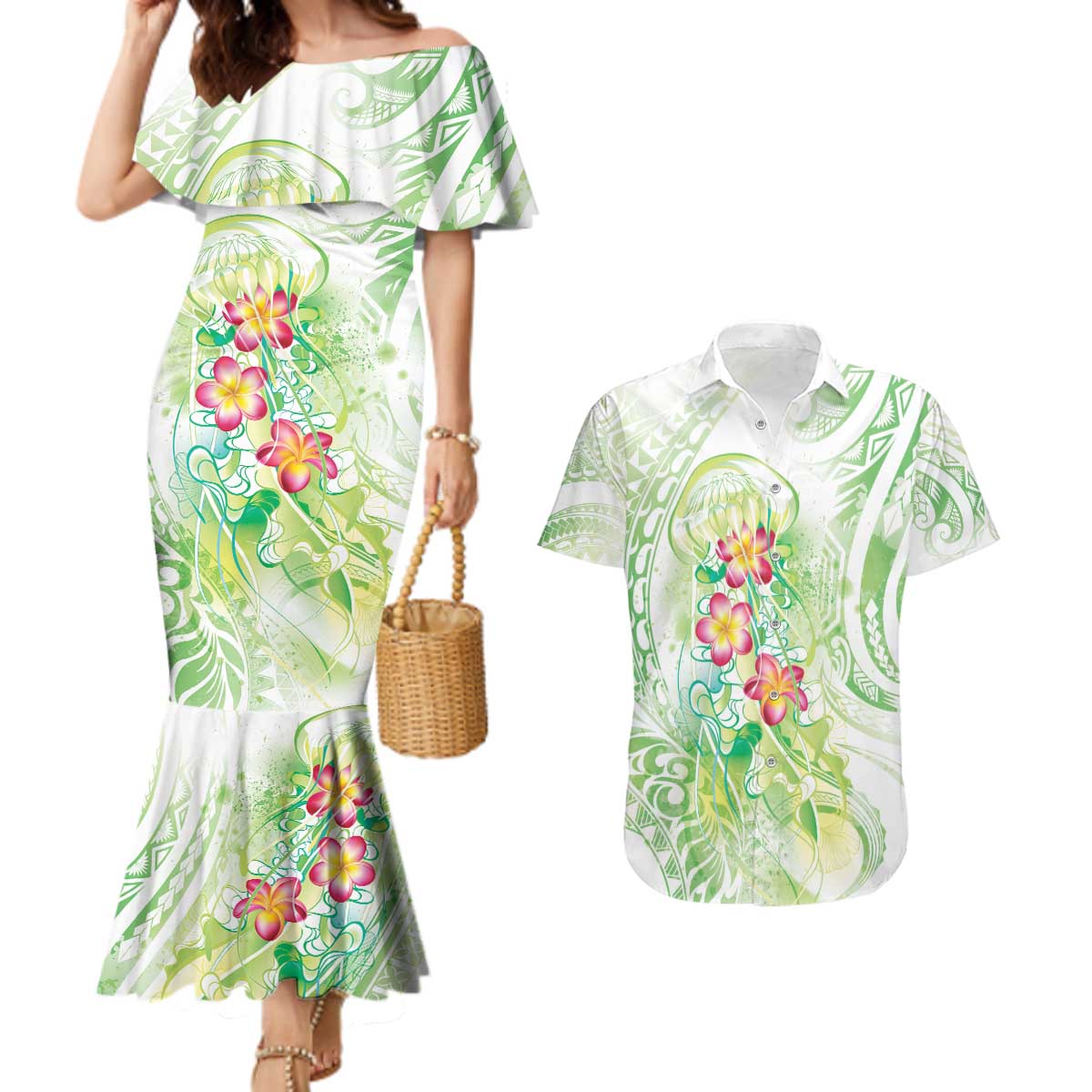 Summer Green Polynesian Jellyfish Couples Matching Mermaid Dress and Hawaiian Shirt Watercolor Glows LT7 Light Green - Polynesian Pride