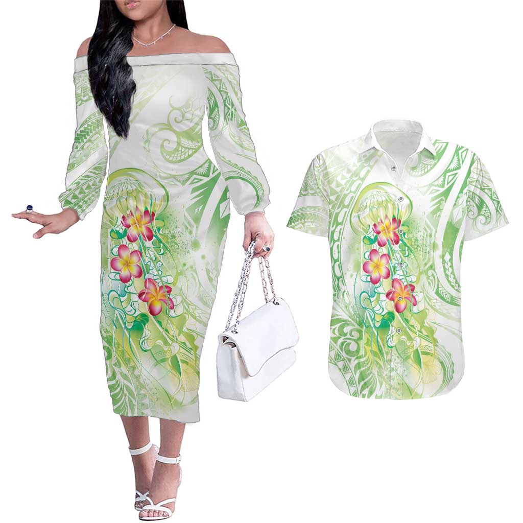 Summer Green Polynesian Jellyfish Couples Matching Off The Shoulder Long Sleeve Dress and Hawaiian Shirt Watercolor Glows LT7 Light Green - Polynesian Pride