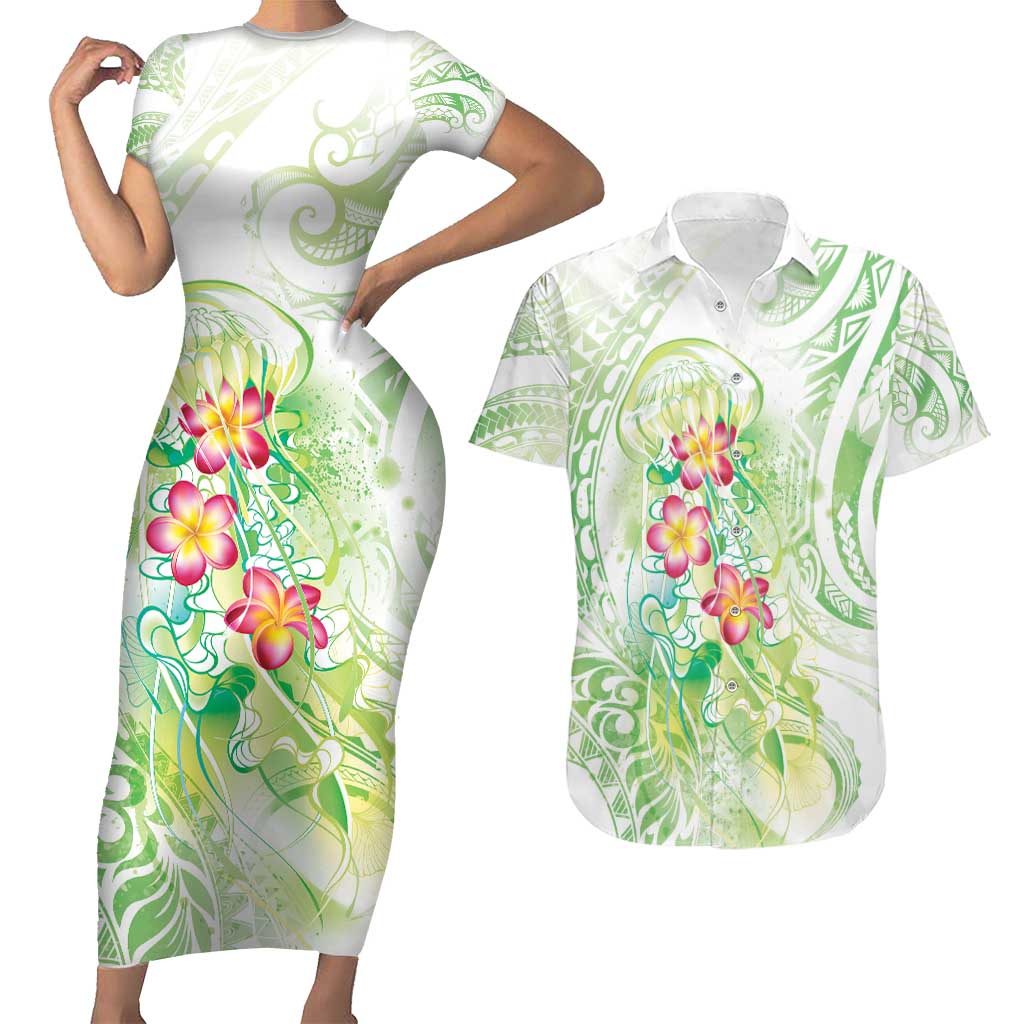 Summer Green Polynesian Jellyfish Couples Matching Short Sleeve Bodycon Dress and Hawaiian Shirt Watercolor Glows LT7 Light Green - Polynesian Pride