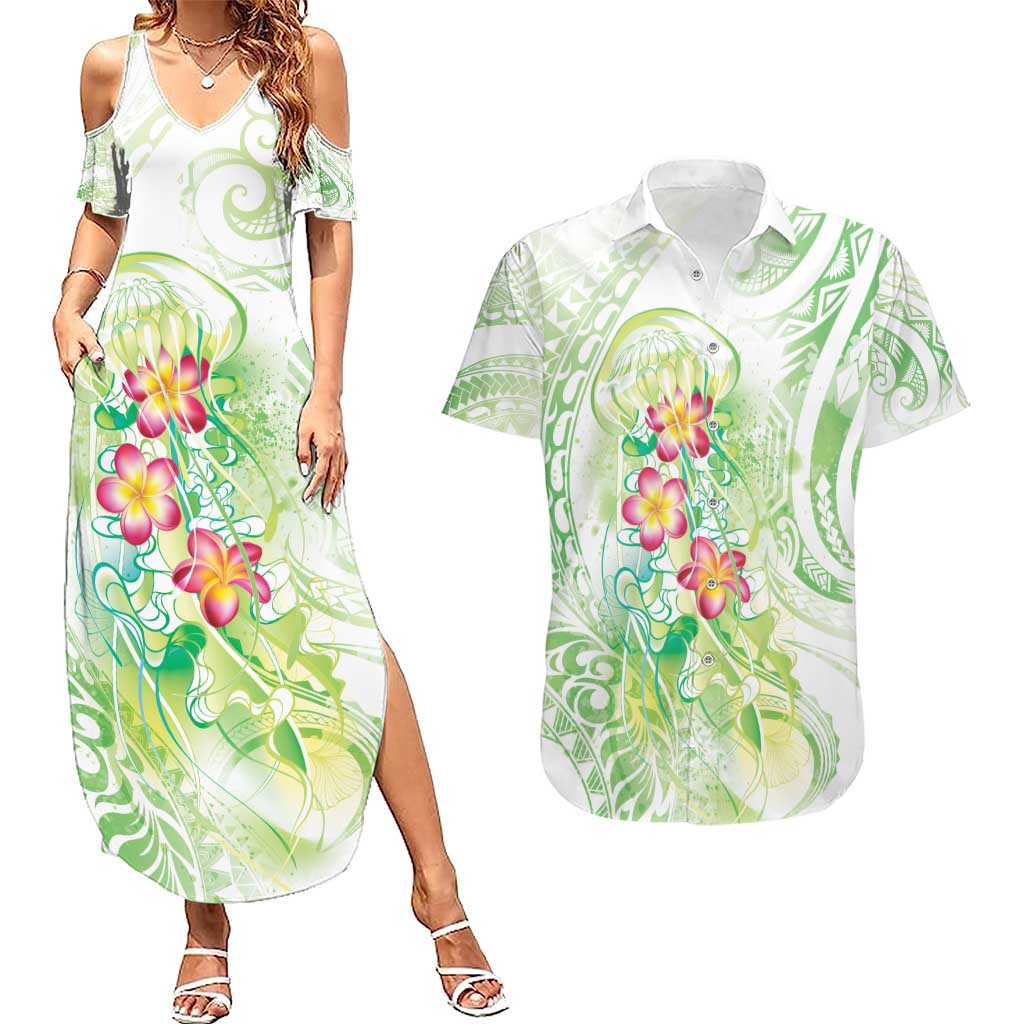 Summer Green Polynesian Jellyfish Couples Matching Summer Maxi Dress and Hawaiian Shirt Watercolor Glows LT7 Light Green - Polynesian Pride