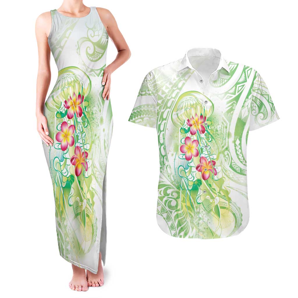 Summer Green Polynesian Jellyfish Couples Matching Tank Maxi Dress and Hawaiian Shirt Watercolor Glows LT7 Light Green - Polynesian Pride