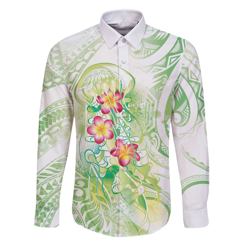 Summer Green Polynesian Jellyfish Family Matching Mermaid Dress and Hawaiian Shirt Watercolor Glows LT7 Dad's Shirt - Long Sleeve Light Green - Polynesian Pride