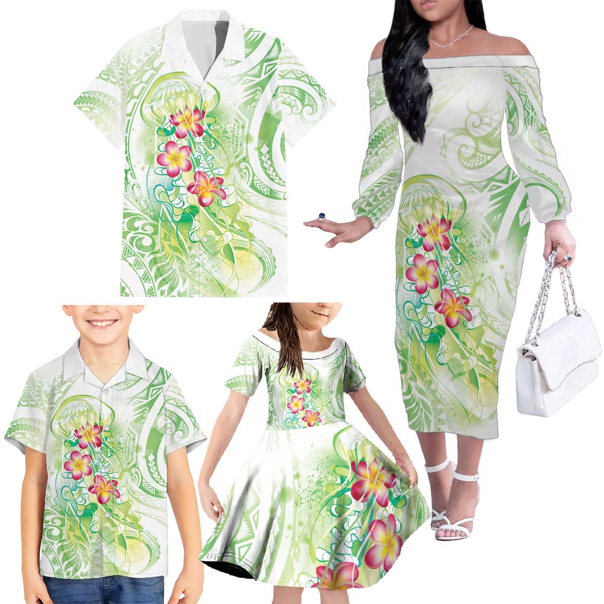 Summer Green Polynesian Jellyfish Family Matching Off The Shoulder Long Sleeve Dress and Hawaiian Shirt Watercolor Glows LT7 - Polynesian Pride