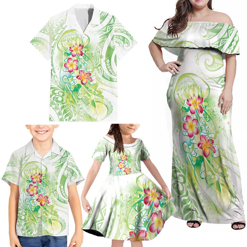 Summer Green Polynesian Jellyfish Family Matching Off Shoulder Maxi Dress and Hawaiian Shirt Watercolor Glows LT7 - Polynesian Pride