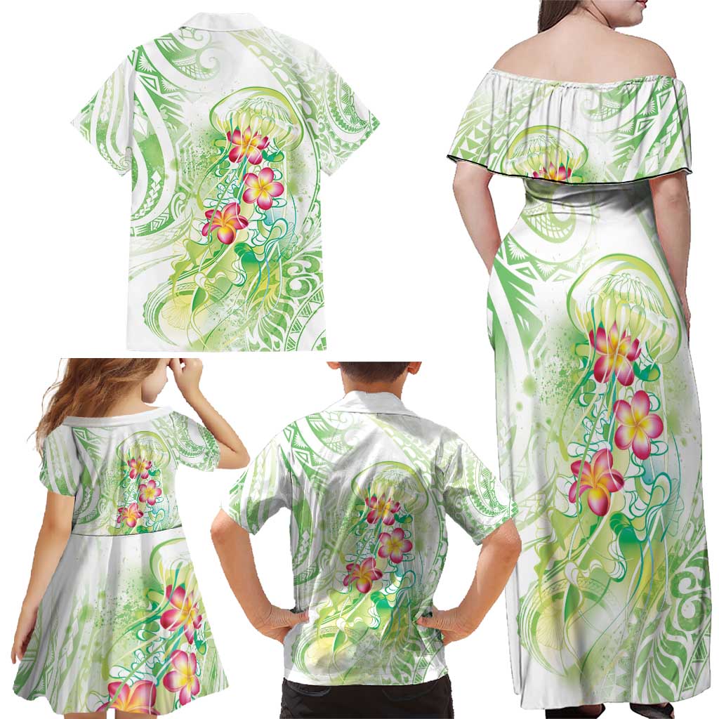 Summer Green Polynesian Jellyfish Family Matching Off Shoulder Maxi Dress and Hawaiian Shirt Watercolor Glows LT7 - Polynesian Pride