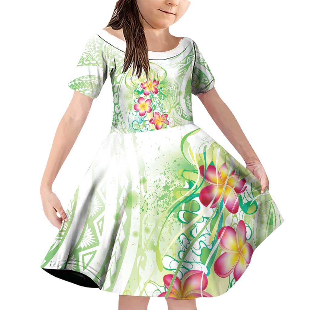 Summer Green Polynesian Jellyfish Family Matching Off Shoulder Short Dress and Hawaiian Shirt Watercolor Glows LT7 Daughter's Dress Light Green - Polynesian Pride