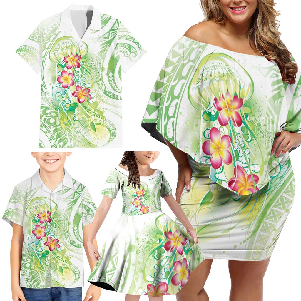 Summer Green Polynesian Jellyfish Family Matching Off Shoulder Short Dress and Hawaiian Shirt Watercolor Glows LT7 - Polynesian Pride