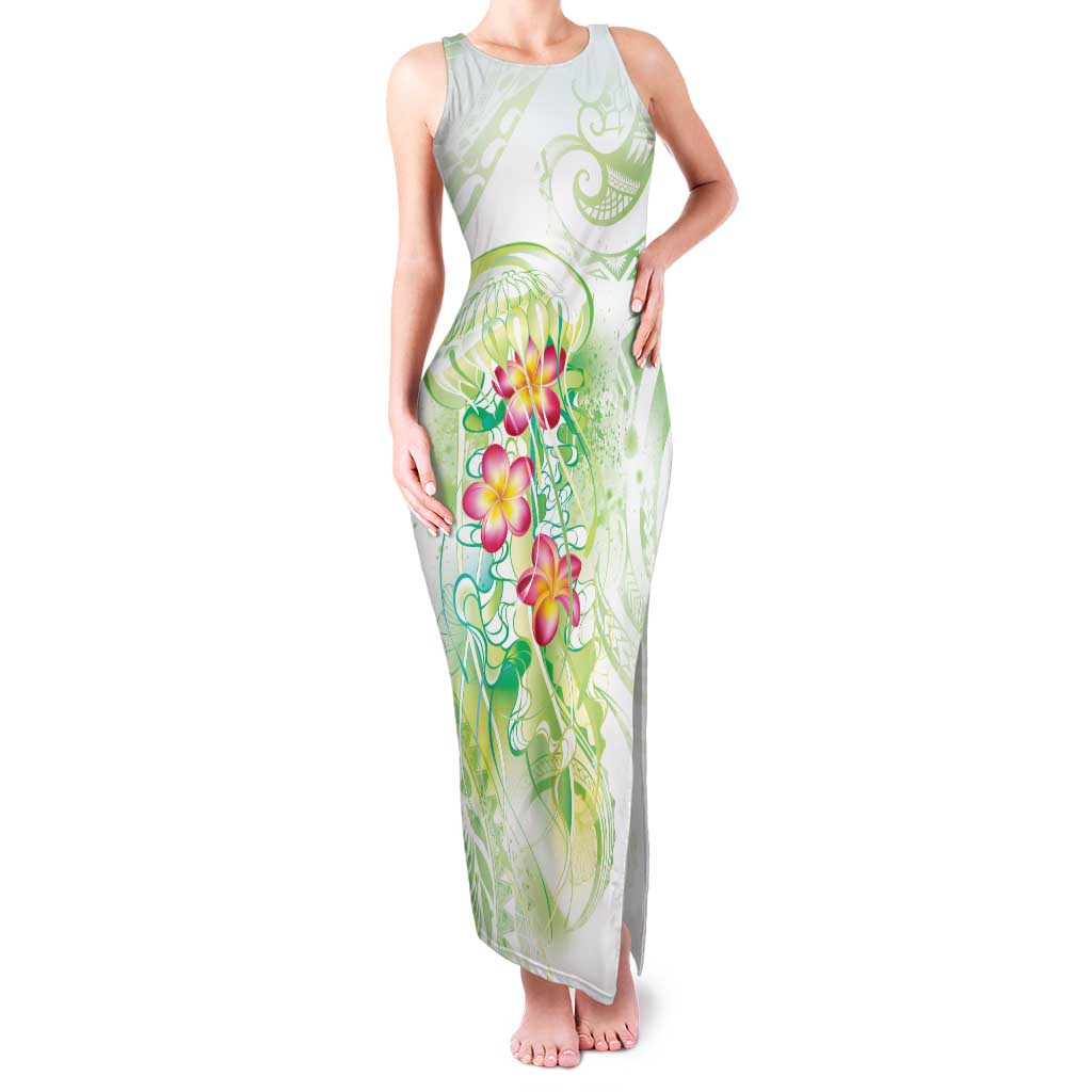 Summer Green Polynesian Jellyfish Family Matching Tank Maxi Dress and Hawaiian Shirt Watercolor Glows LT7 Mom's Dress Light Green - Polynesian Pride
