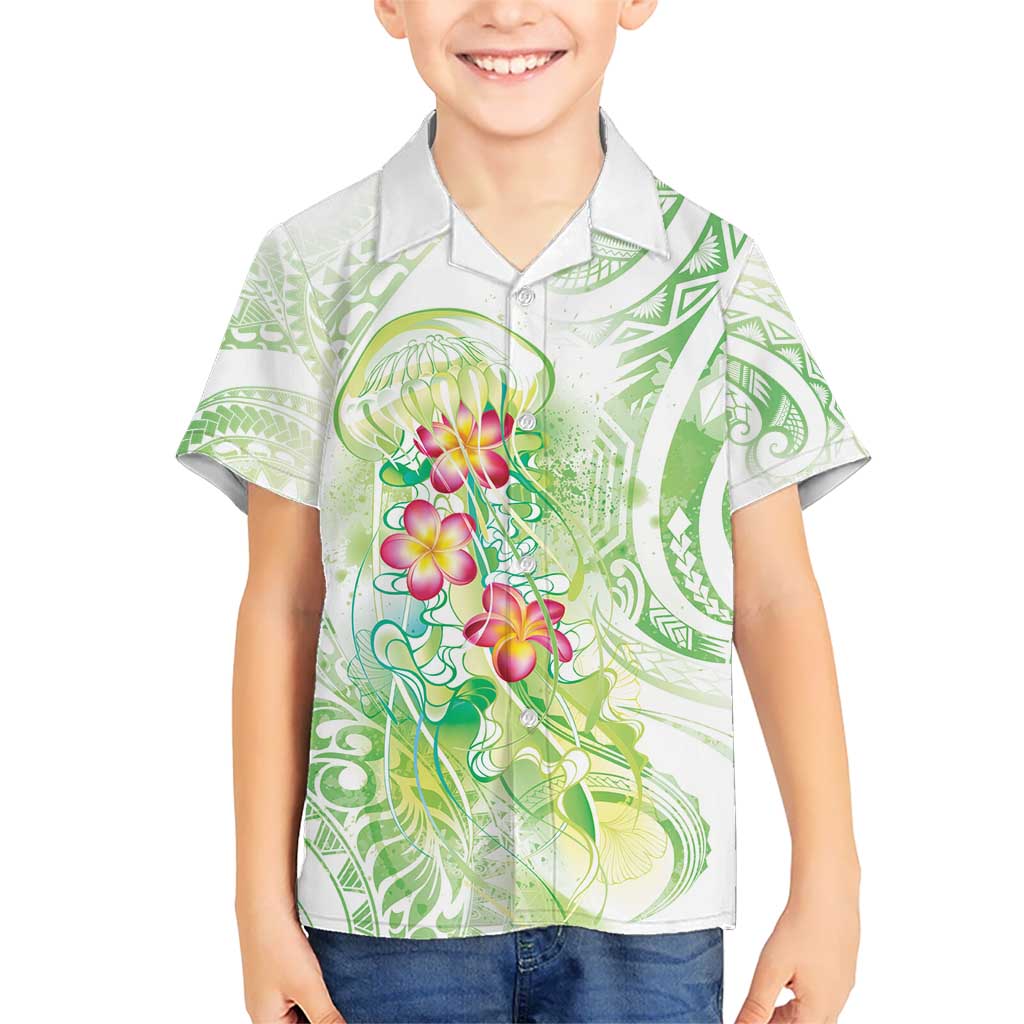 Summer Green Polynesian Jellyfish Kid Hawaiian Shirt Watercolor Glows - Polynesian Pride