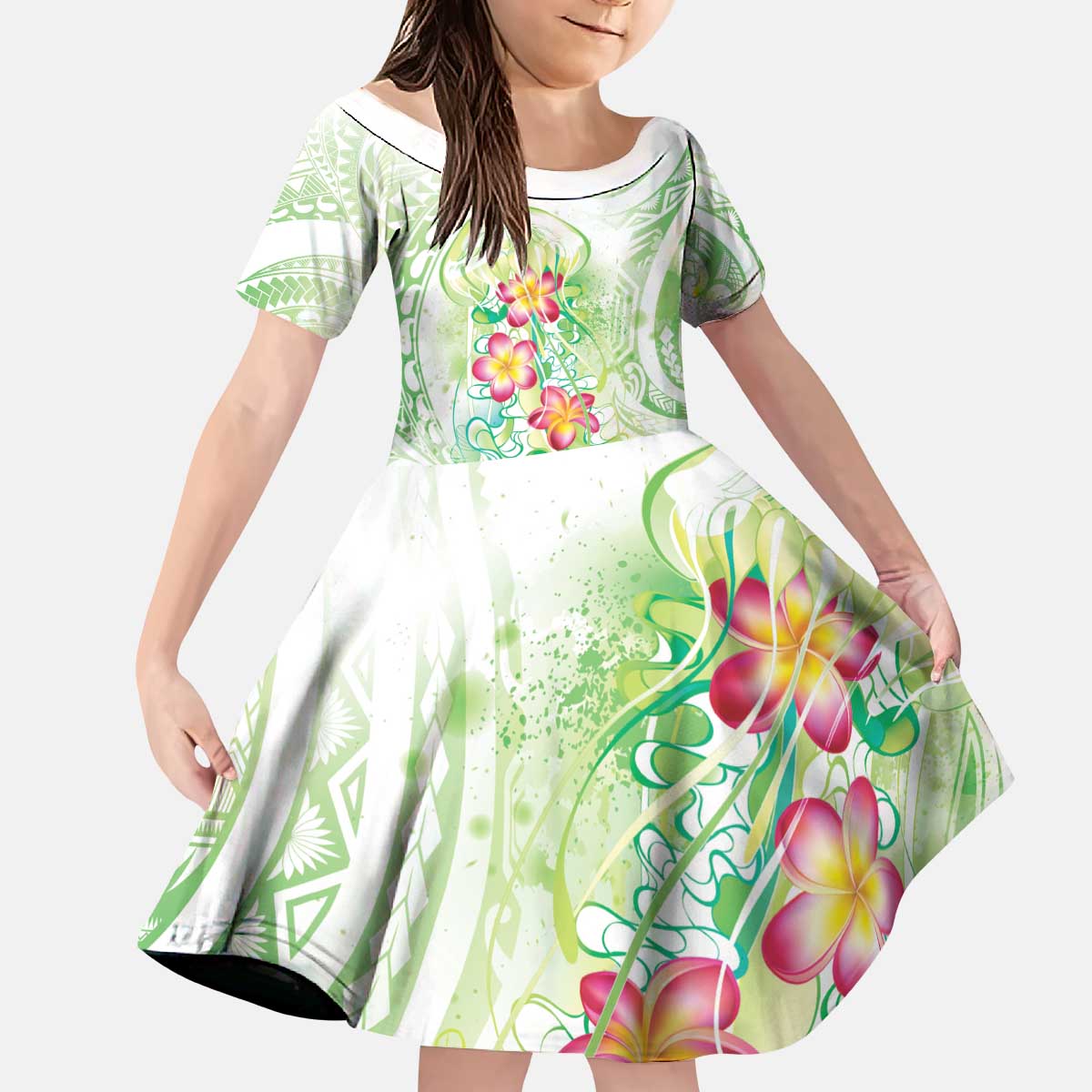 Summer Green Polynesian Jellyfish Kid Short Sleeve Dress Watercolor Glows - Polynesian Pride