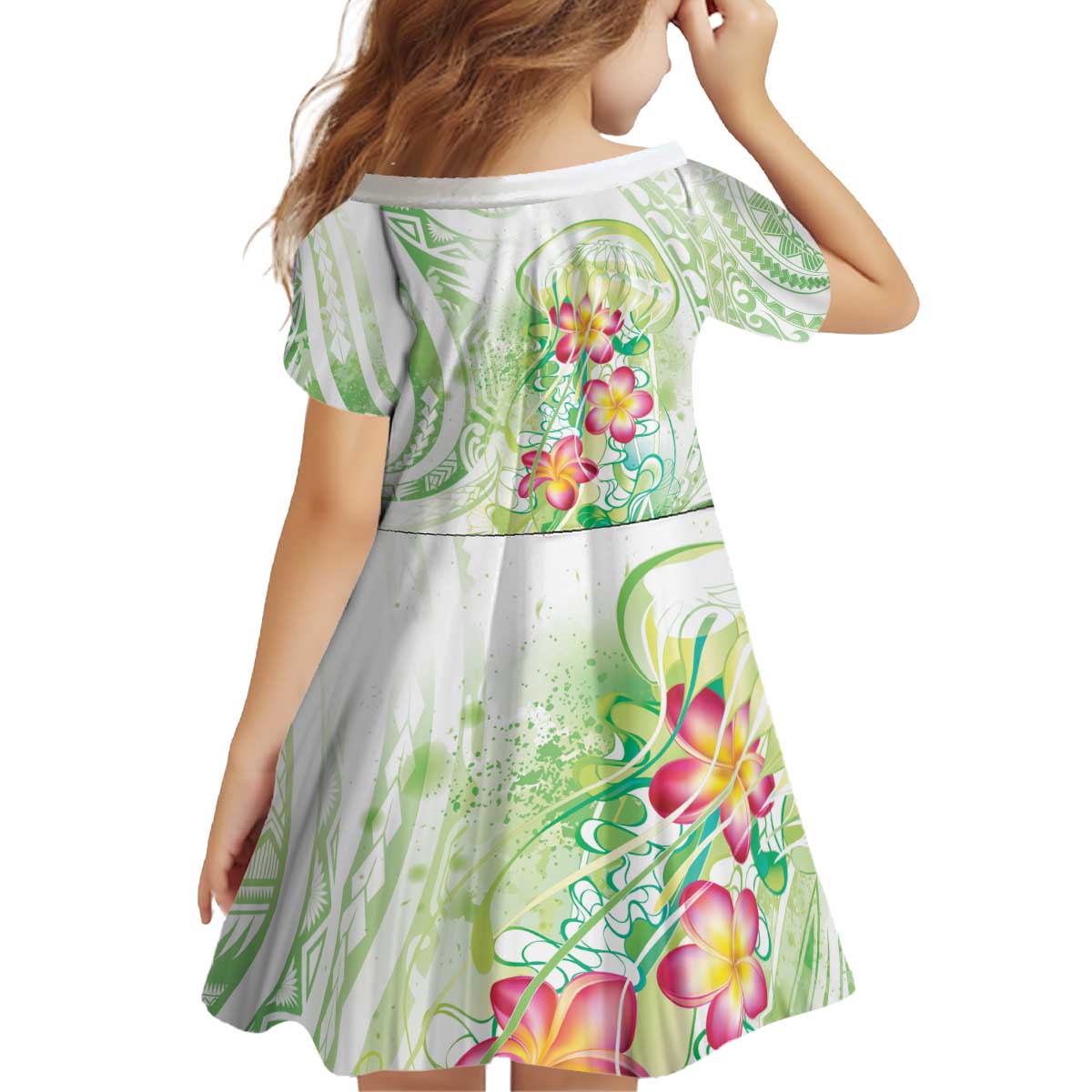 Summer Green Polynesian Jellyfish Kid Short Sleeve Dress Watercolor Glows - Polynesian Pride