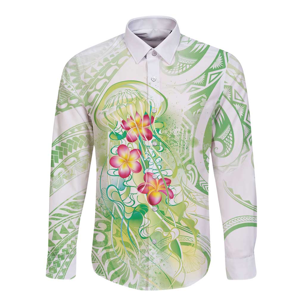 Summer Green Polynesian Jellyfish Long Sleeve Button Shirt Watercolor Glows LT7 Unisex Light Green - Polynesian Pride