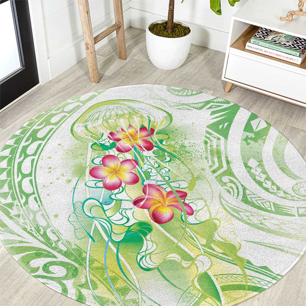 Summer Green Polynesian Jellyfish Round Carpet Watercolor Glows LT7 Light Green - Polynesian Pride