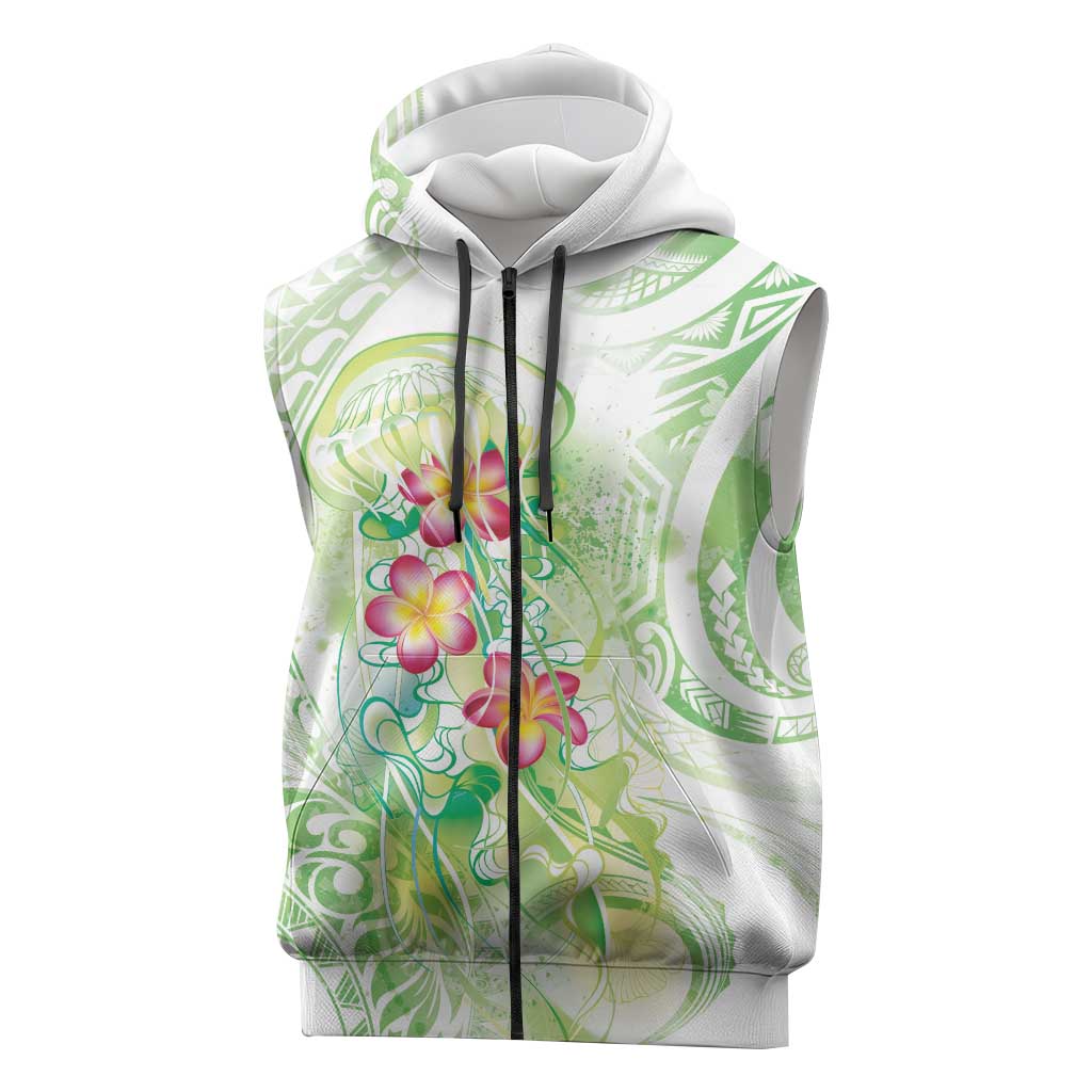 Summer Green Polynesian Jellyfish Sleeveless Zip Hoodie Watercolor Glows LT7 Light Green - Polynesian Pride