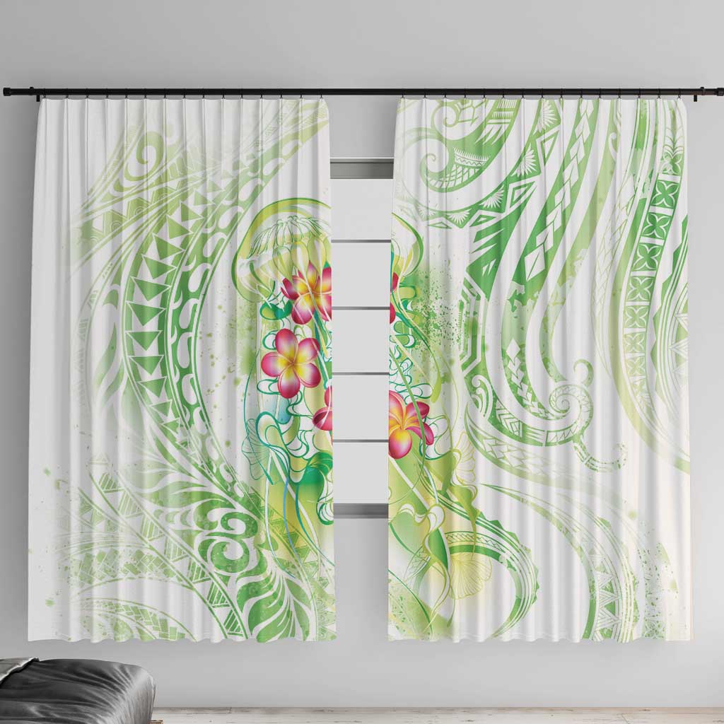 Summer Green Polynesian Jellyfish Window Curtain Watercolor Glows LT7 With Hooks Light Green - Polynesian Pride