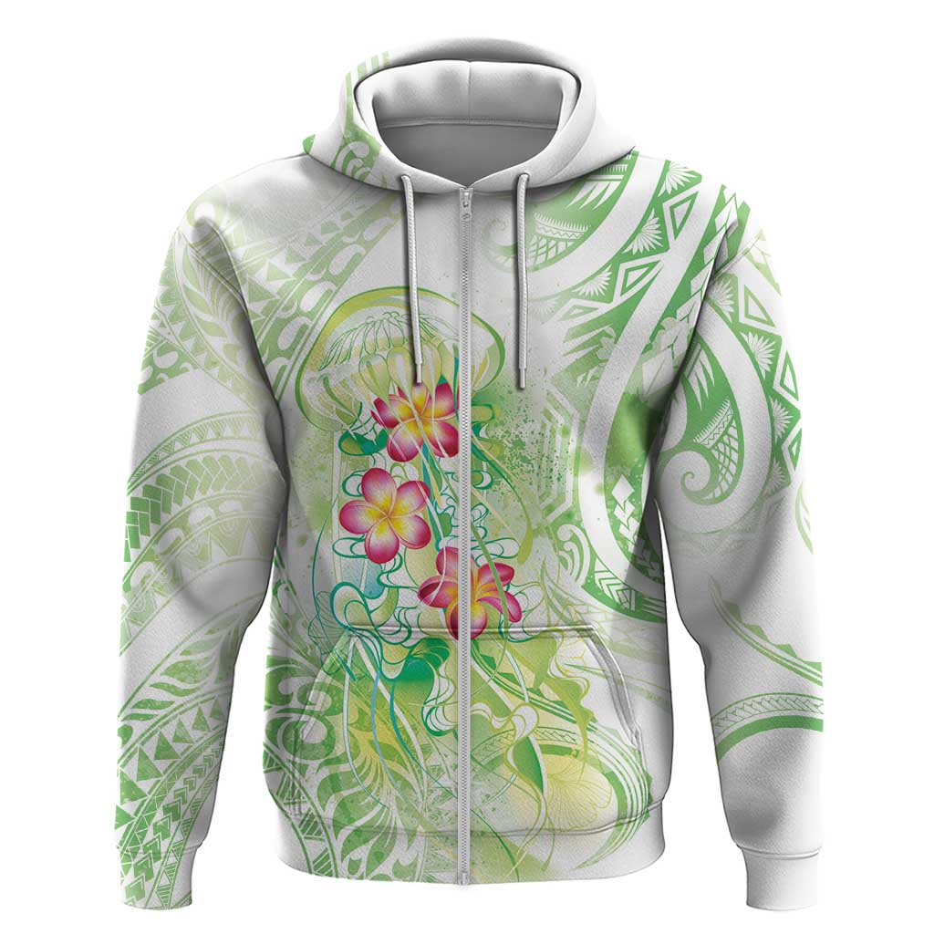 Summer Green Polynesian Jellyfish Zip Hoodie Watercolor Glows LT7 Zip Hoodie Light Green - Polynesian Pride