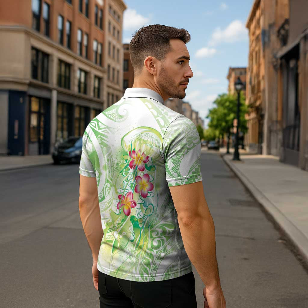 Summer Green Polynesian Jellyfish Zipper Polo Shirt Watercolor Glows - Polynesian Pride