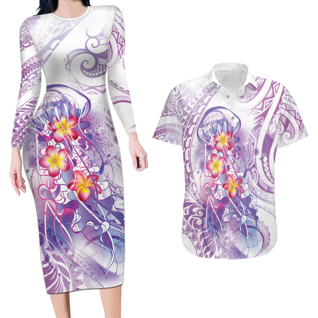 Lavender Polynesian Jellyfish Couples Matching Long Sleeve Bodycon Dress and Hawaiian Shirt Watercolor Glows LT7 Lavender - Polynesian Pride