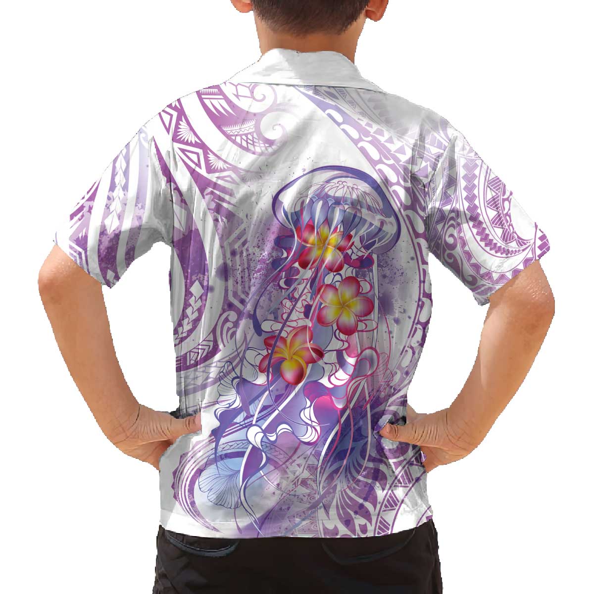 Lavender Polynesian Jellyfish Family Matching Off The Shoulder Long Sleeve Dress and Hawaiian Shirt Watercolor Glows LT7 - Polynesian Pride