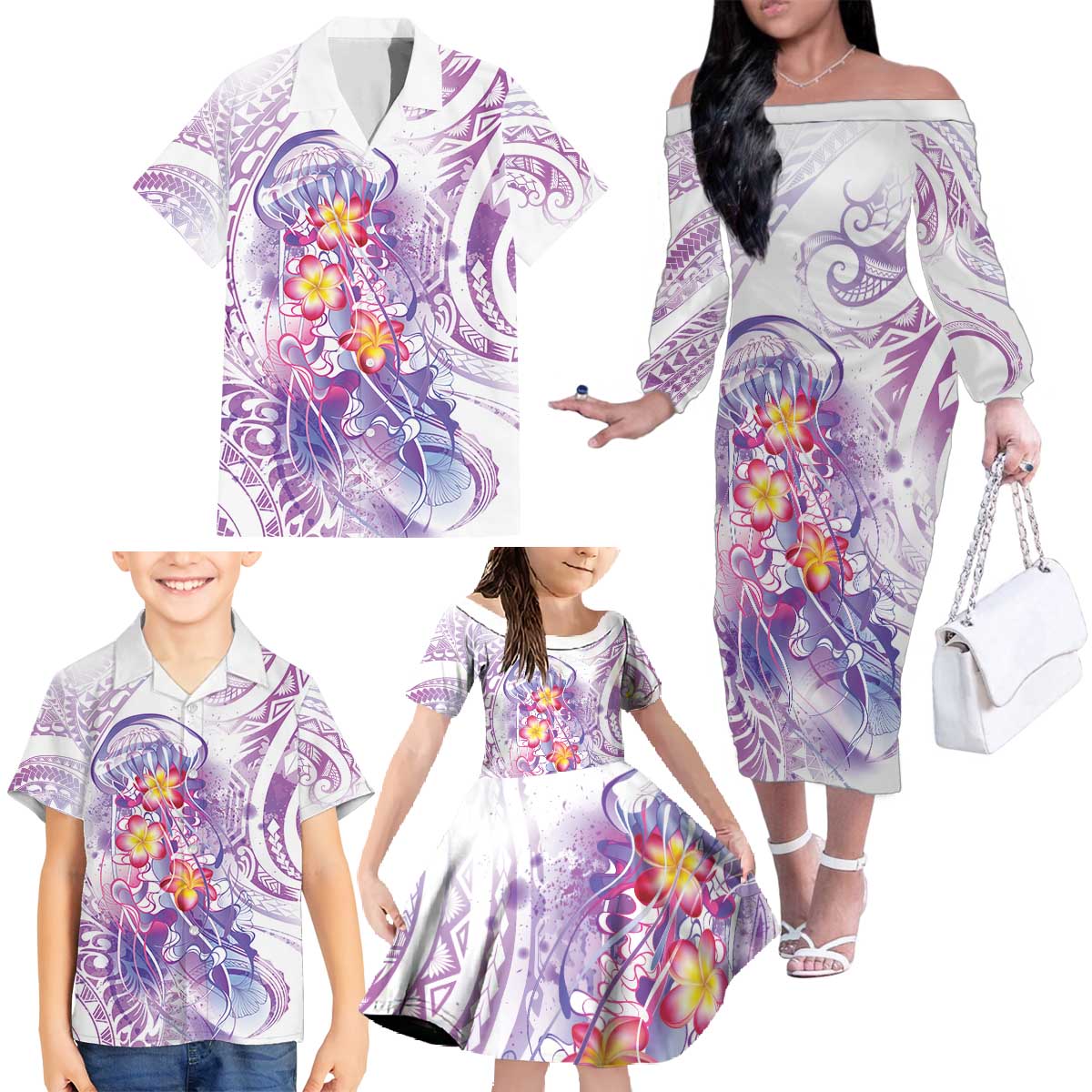 Lavender Polynesian Jellyfish Family Matching Off The Shoulder Long Sleeve Dress and Hawaiian Shirt Watercolor Glows LT7 - Polynesian Pride