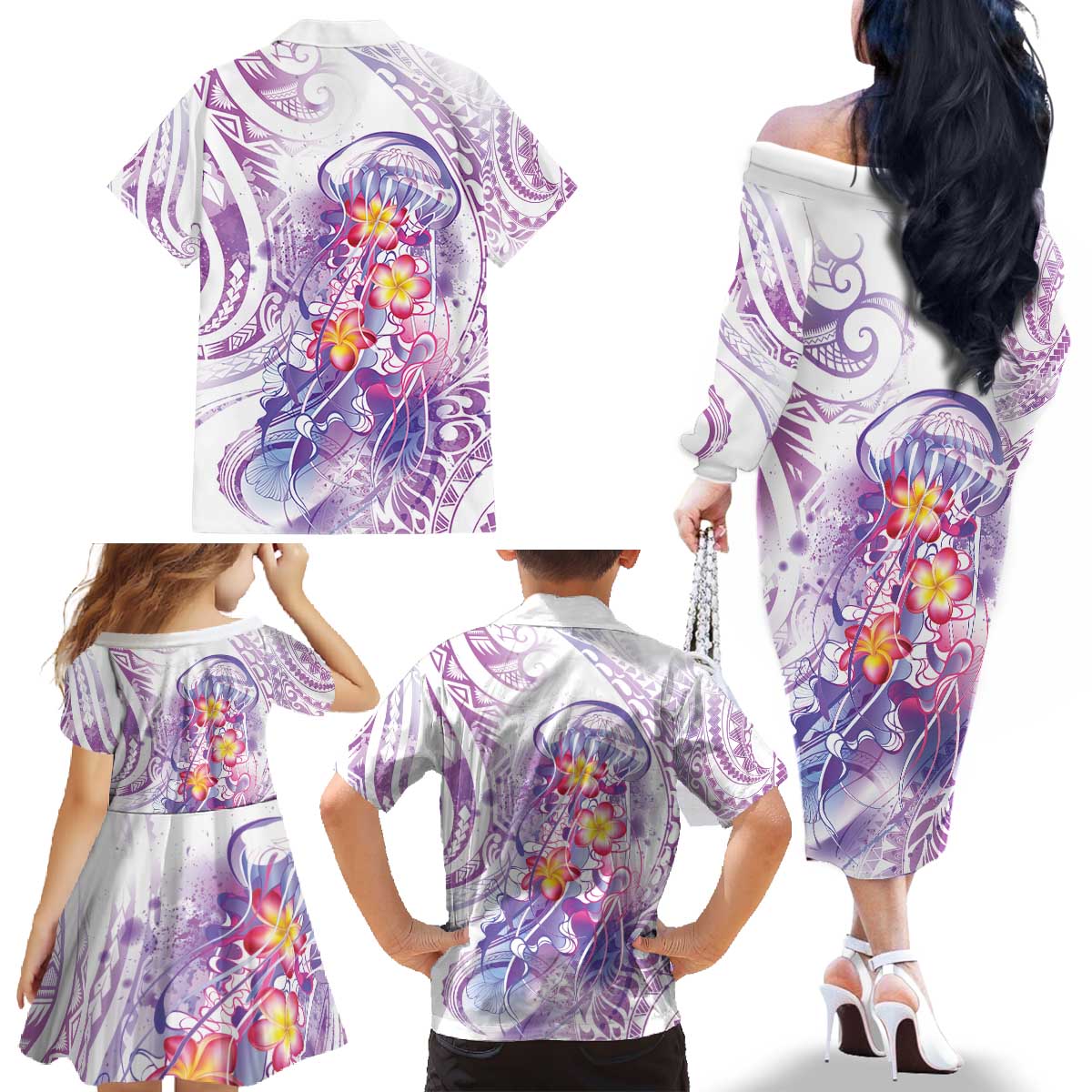 Lavender Polynesian Jellyfish Family Matching Off The Shoulder Long Sleeve Dress and Hawaiian Shirt Watercolor Glows LT7 - Polynesian Pride