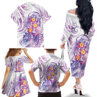 Lavender Polynesian Jellyfish Family Matching Off The Shoulder Long Sleeve Dress and Hawaiian Shirt Watercolor Glows LT7 - Polynesian Pride