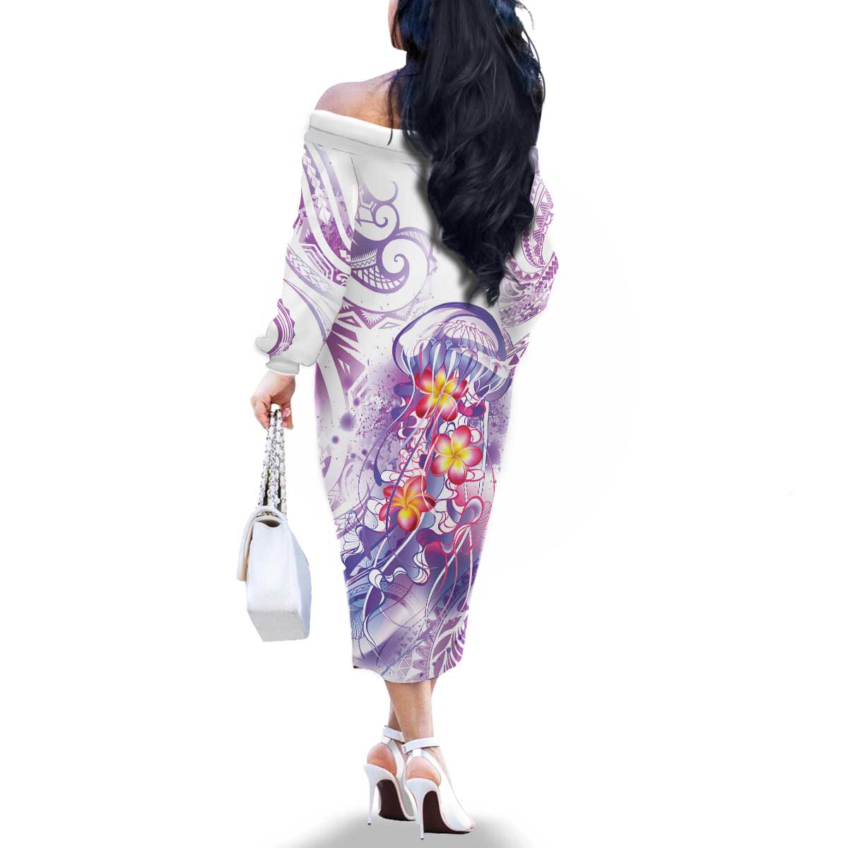 Lavender Polynesian Jellyfish Family Matching Off The Shoulder Long Sleeve Dress and Hawaiian Shirt Watercolor Glows LT7 - Polynesian Pride