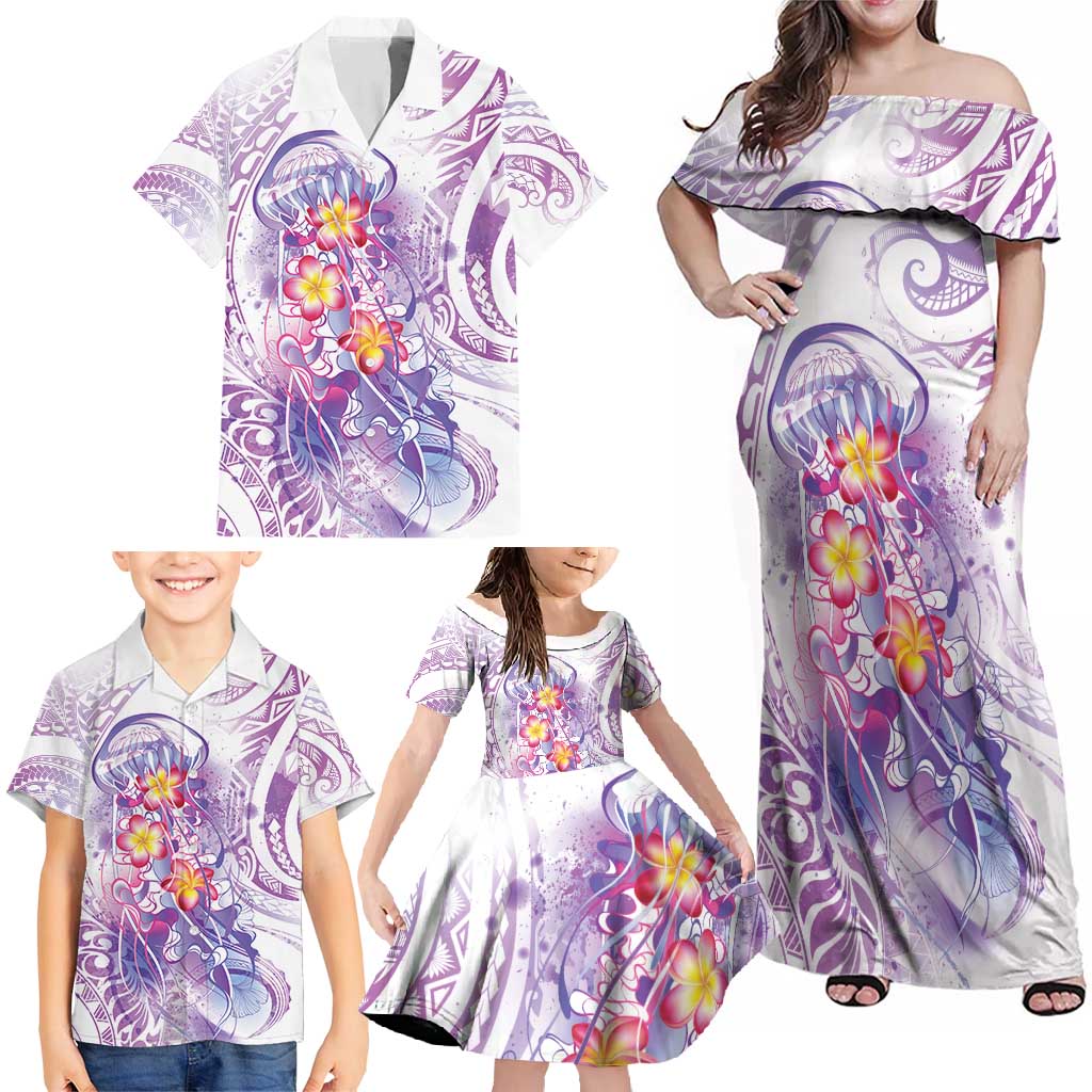 Lavender Polynesian Jellyfish Family Matching Off Shoulder Maxi Dress and Hawaiian Shirt Watercolor Glows LT7 - Polynesian Pride