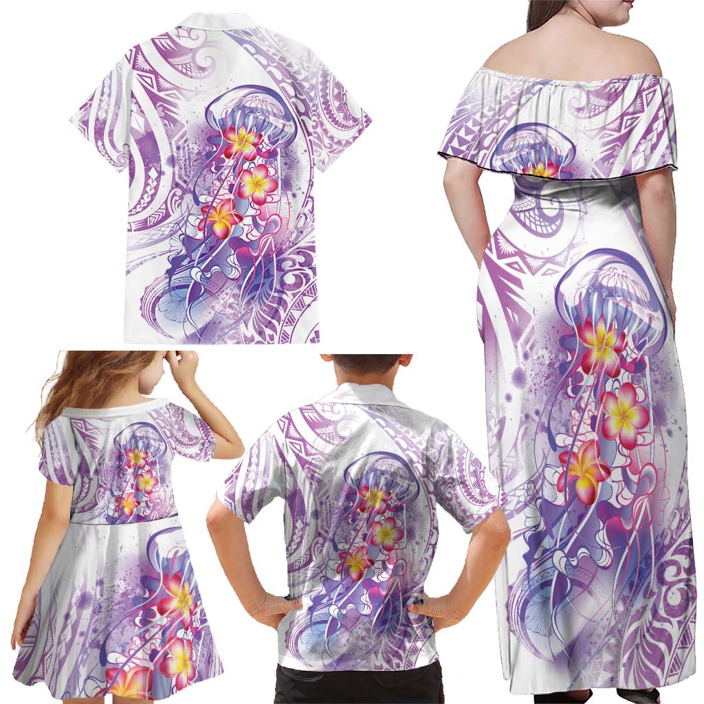 Lavender Polynesian Jellyfish Family Matching Off Shoulder Maxi Dress and Hawaiian Shirt Watercolor Glows LT7 - Polynesian Pride