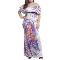 Lavender Polynesian Jellyfish Family Matching Off Shoulder Maxi Dress and Hawaiian Shirt Watercolor Glows LT7 Mom's Dress Lavender - Polynesian Pride