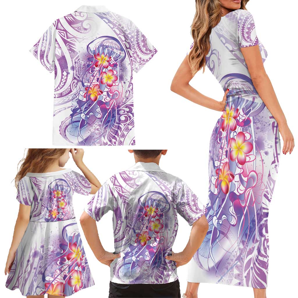 Lavender Polynesian Jellyfish Family Matching Short Sleeve Bodycon Dress and Hawaiian Shirt Watercolor Glows LT7 - Polynesian Pride