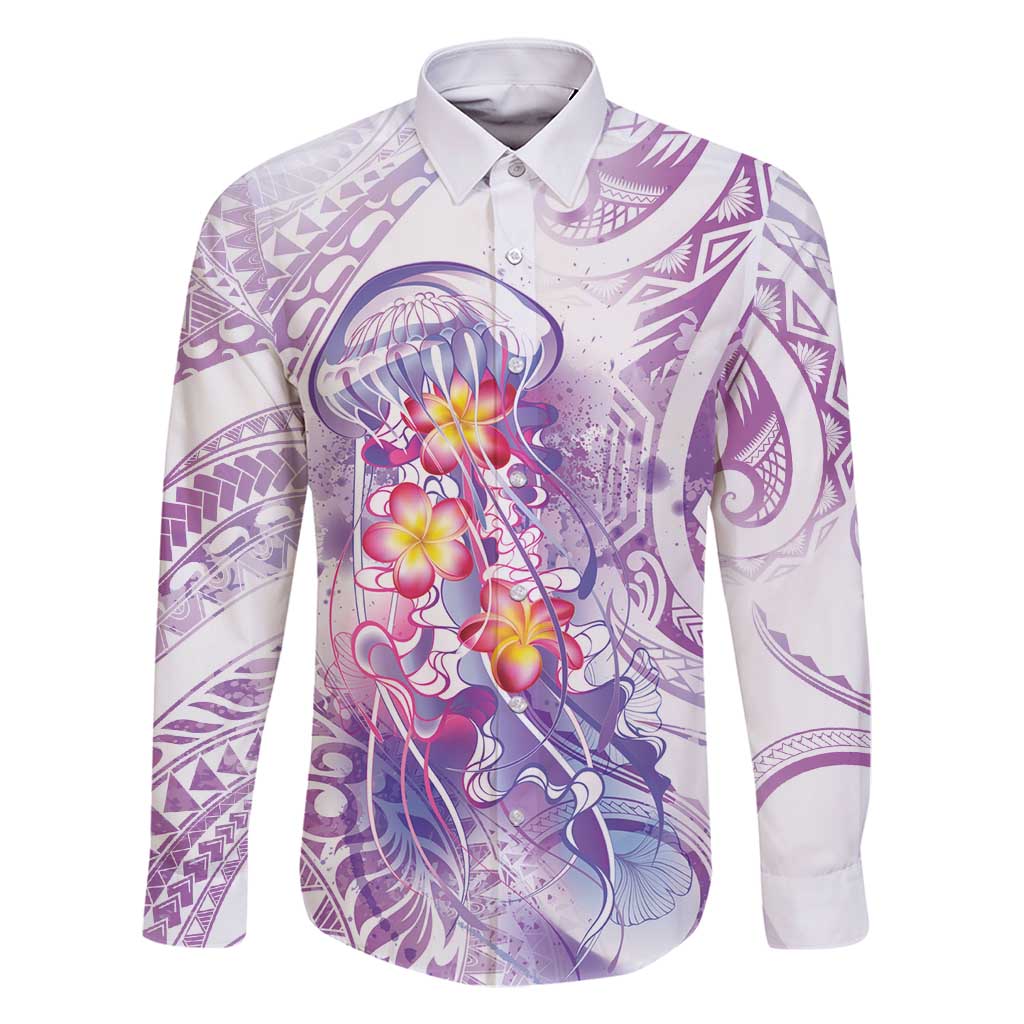 Lavender Polynesian Jellyfish Family Matching Tank Maxi Dress and Hawaiian Shirt Watercolor Glows LT7 Dad's Shirt - Long Sleeve Lavender - Polynesian Pride