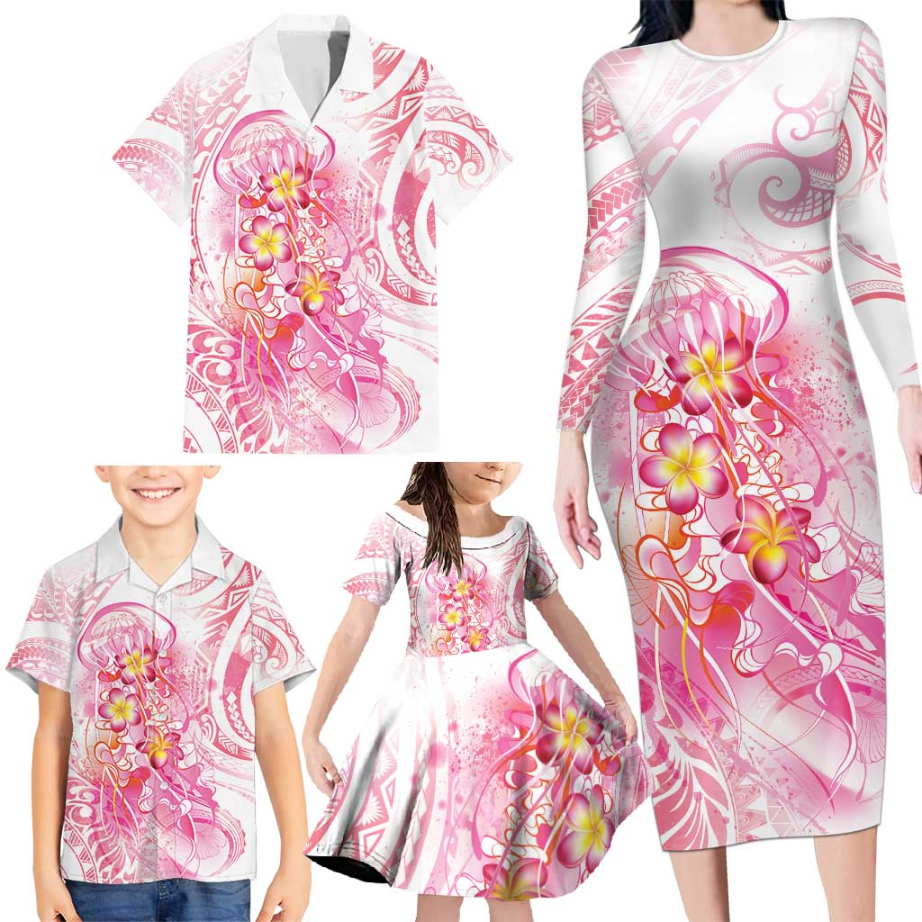 Rose Pink Polynesian Jellyfish Family Matching Long Sleeve Bodycon Dress and Hawaiian Shirt Watercolor Glows LT7 - Polynesian Pride