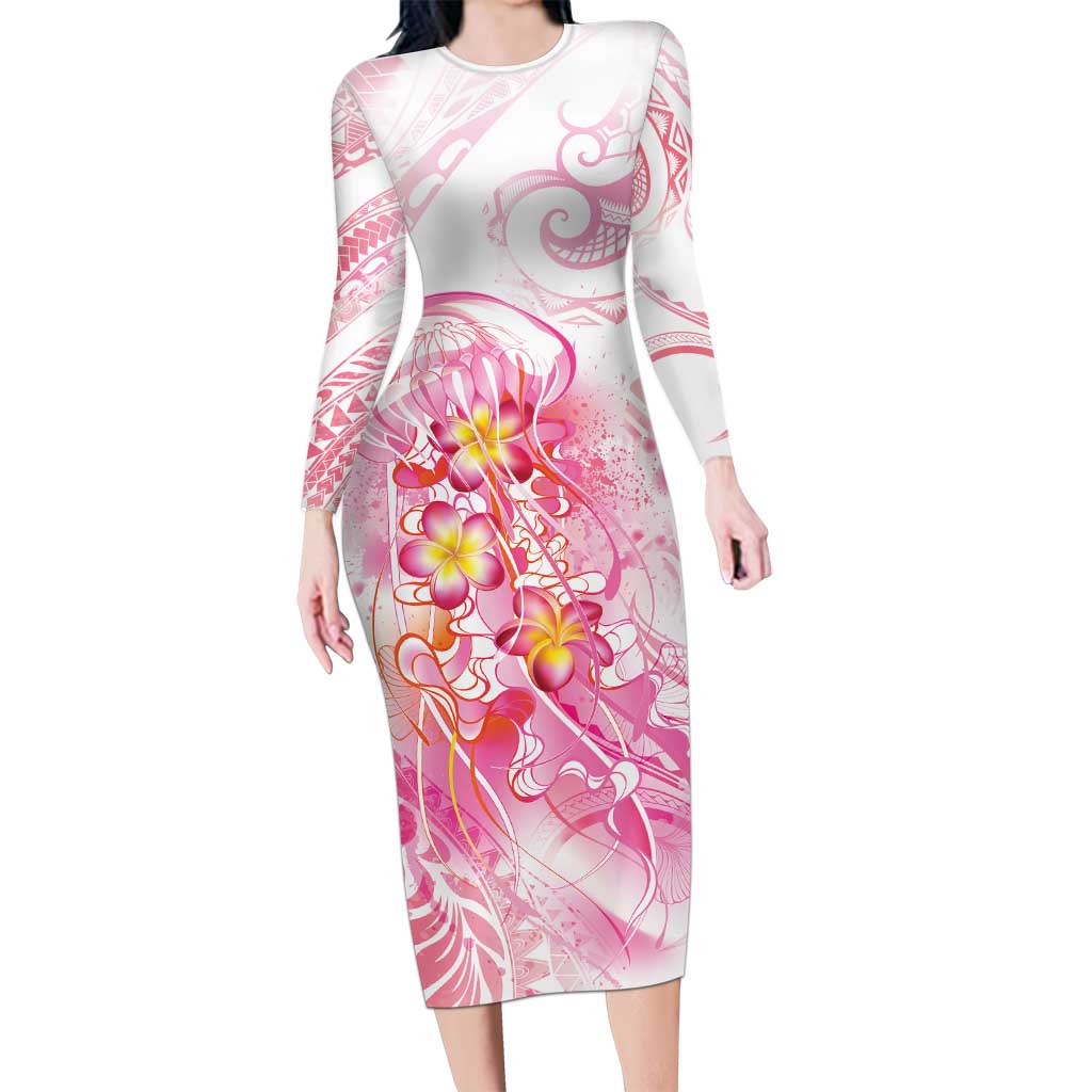Rose Pink Polynesian Jellyfish Family Matching Long Sleeve Bodycon Dress and Hawaiian Shirt Watercolor Glows LT7 Mom's Dress Rose Pink - Polynesian Pride