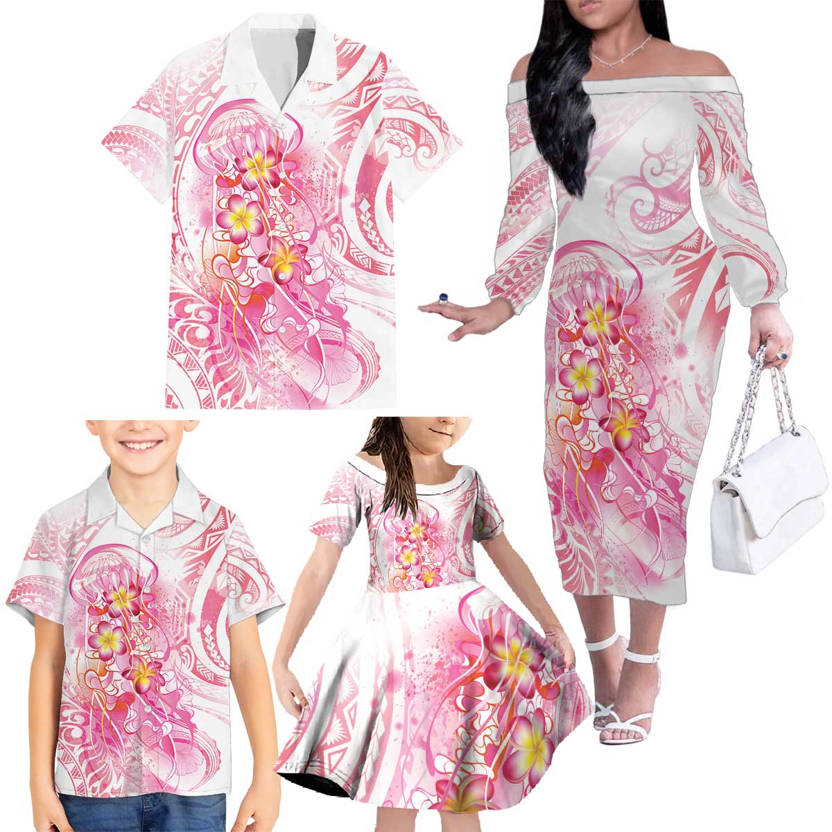 Rose Pink Polynesian Jellyfish Family Matching Off The Shoulder Long Sleeve Dress and Hawaiian Shirt Watercolor Glows LT7 - Polynesian Pride