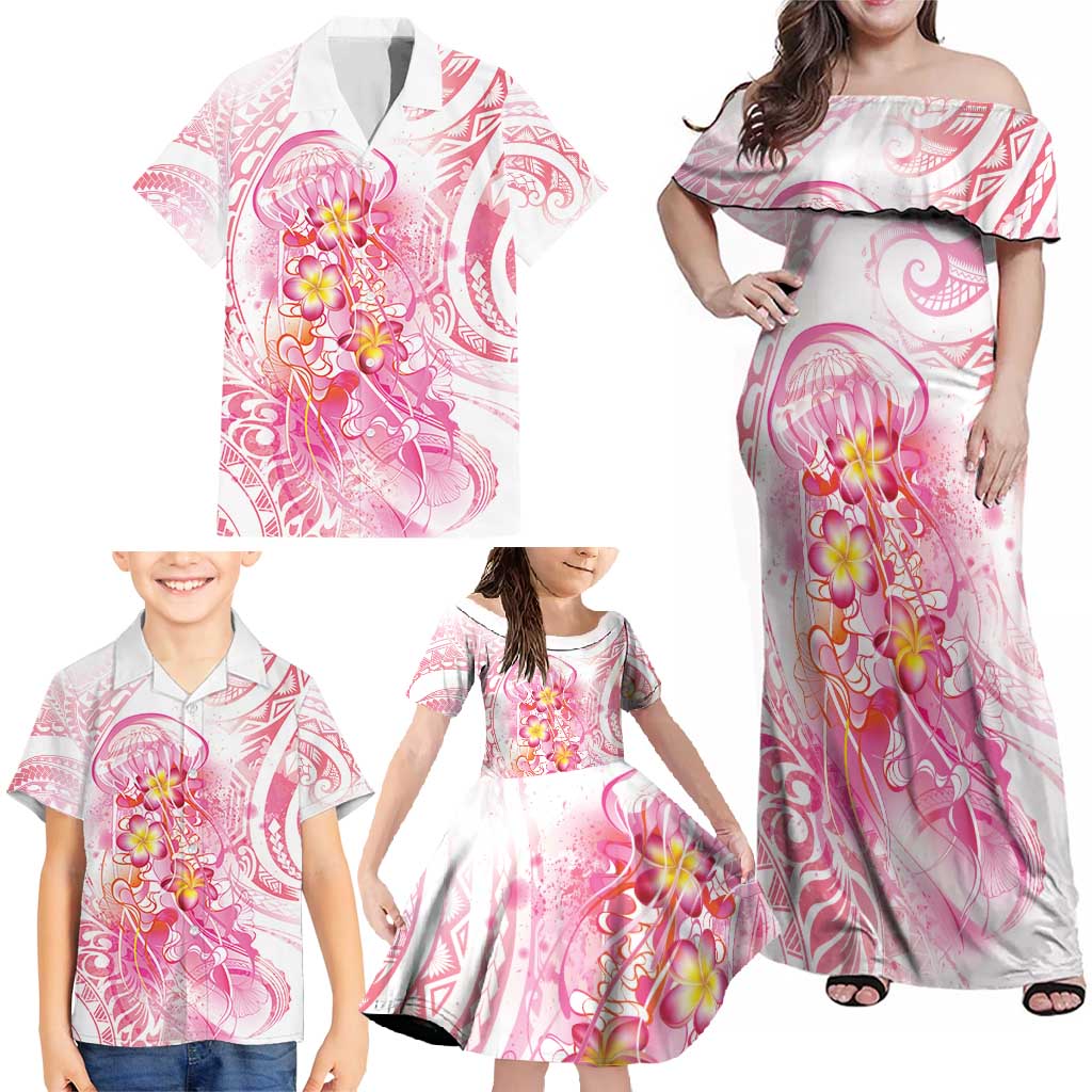 Rose Pink Polynesian Jellyfish Family Matching Off Shoulder Maxi Dress and Hawaiian Shirt Watercolor Glows LT7 - Polynesian Pride