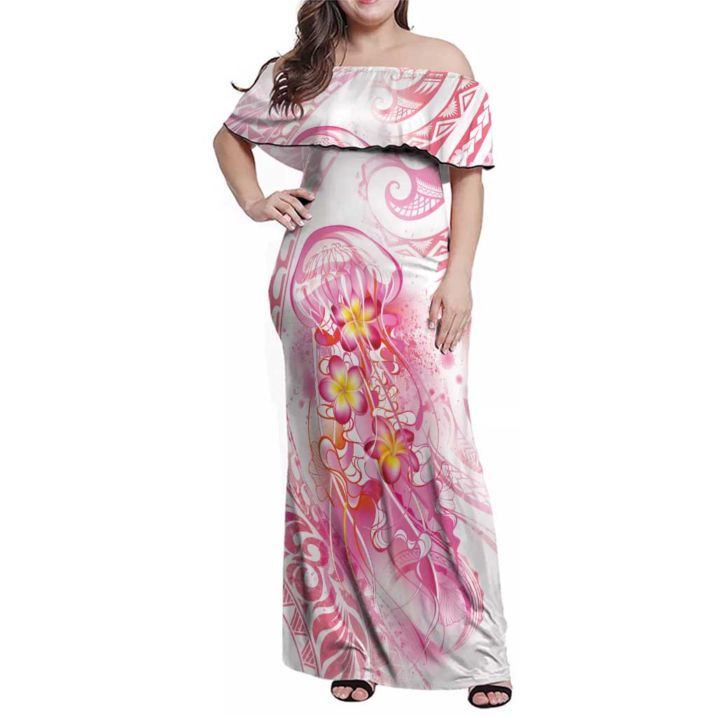Rose Pink Polynesian Jellyfish Family Matching Off Shoulder Maxi Dress and Hawaiian Shirt Watercolor Glows LT7 Mom's Dress Rose Pink - Polynesian Pride