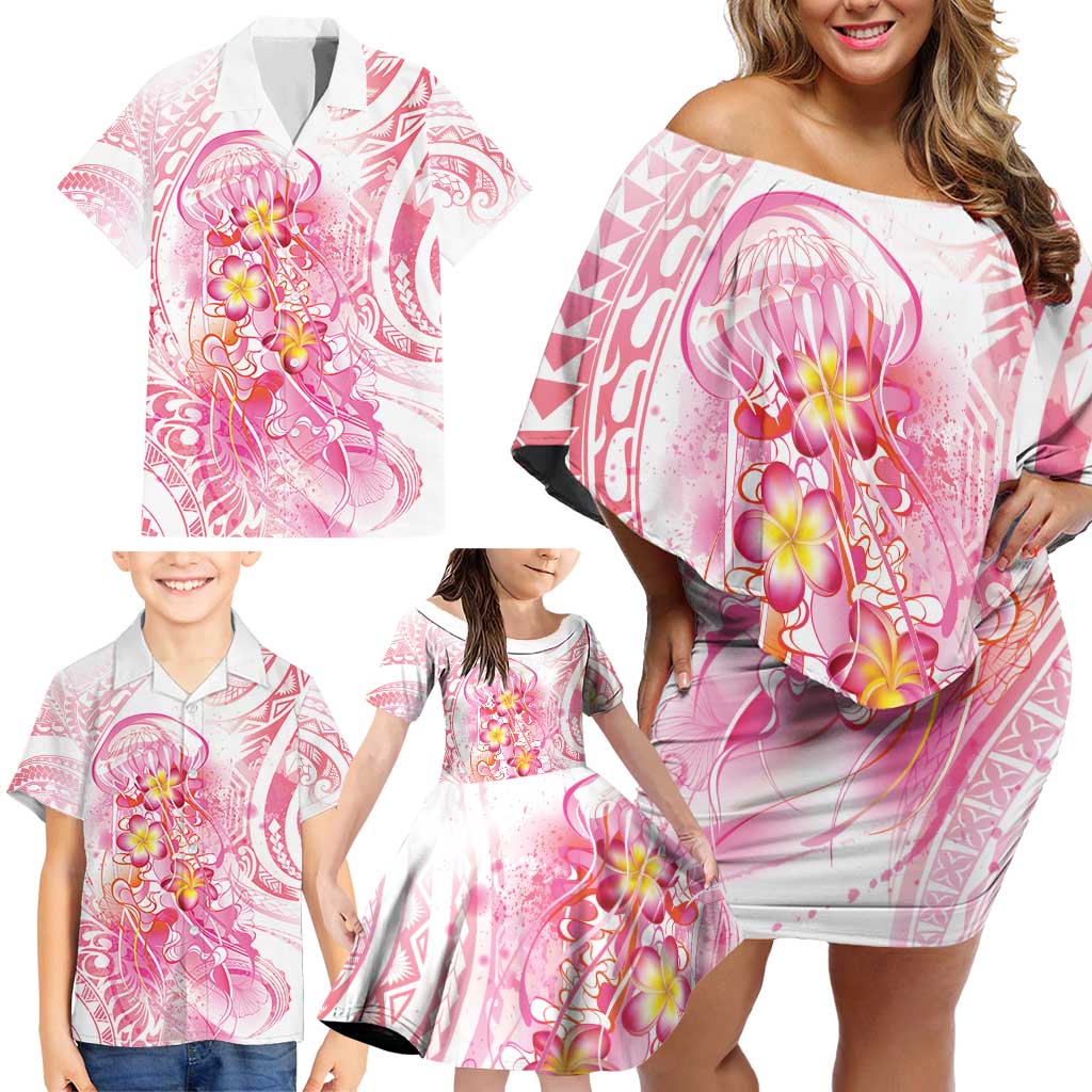 Rose Pink Polynesian Jellyfish Family Matching Off Shoulder Short Dress and Hawaiian Shirt Watercolor Glows LT7 - Polynesian Pride