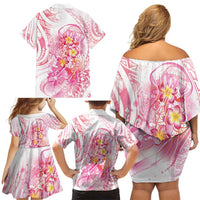 Rose Pink Polynesian Jellyfish Family Matching Off Shoulder Short Dress and Hawaiian Shirt Watercolor Glows LT7 - Polynesian Pride