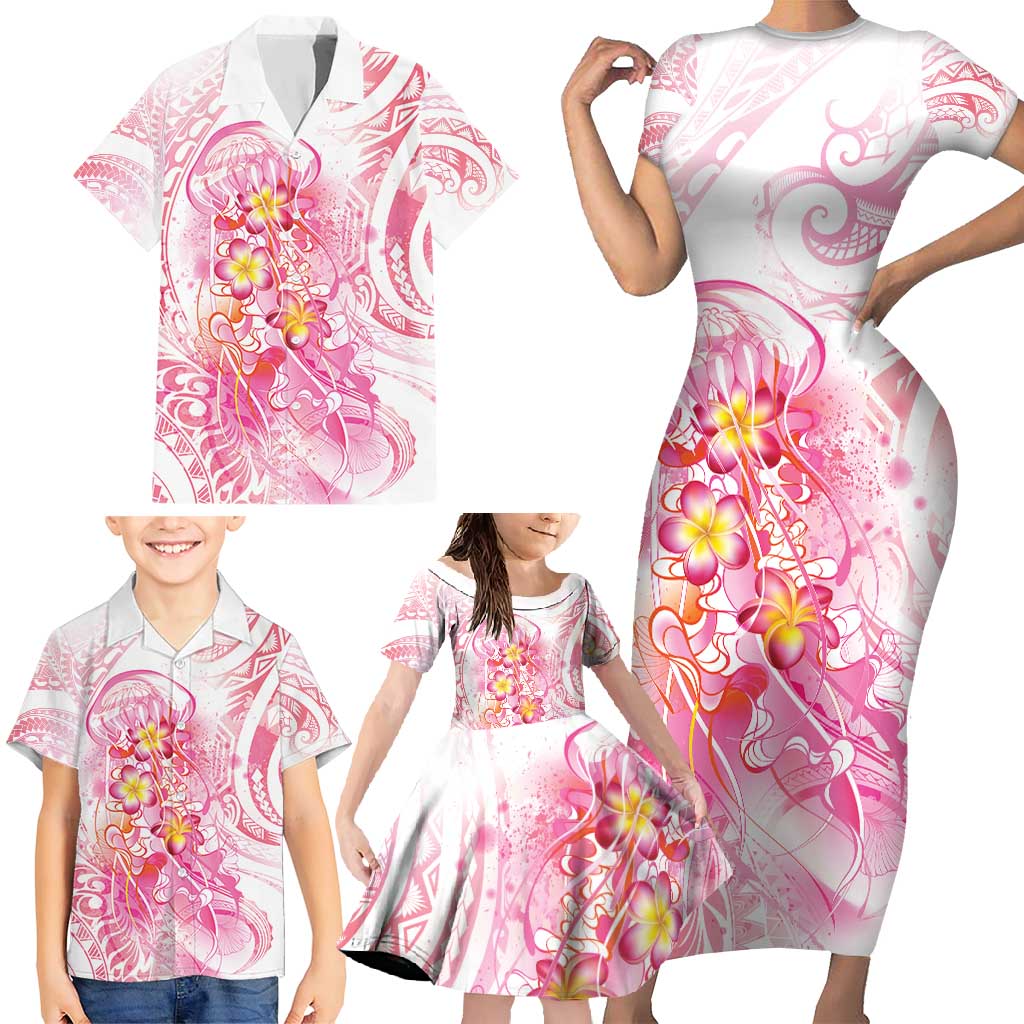 Rose Pink Polynesian Jellyfish Family Matching Short Sleeve Bodycon Dress and Hawaiian Shirt Watercolor Glows LT7 - Polynesian Pride