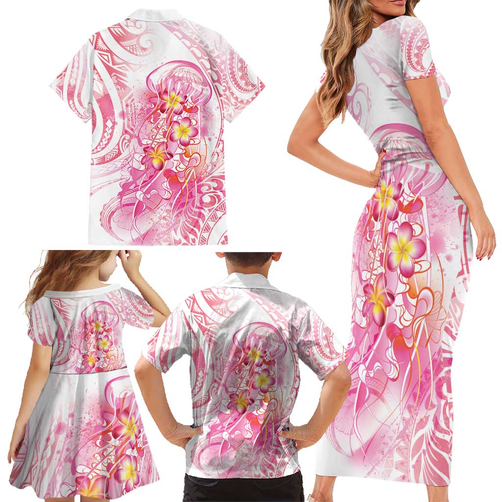 Rose Pink Polynesian Jellyfish Family Matching Short Sleeve Bodycon Dress and Hawaiian Shirt Watercolor Glows LT7 - Polynesian Pride