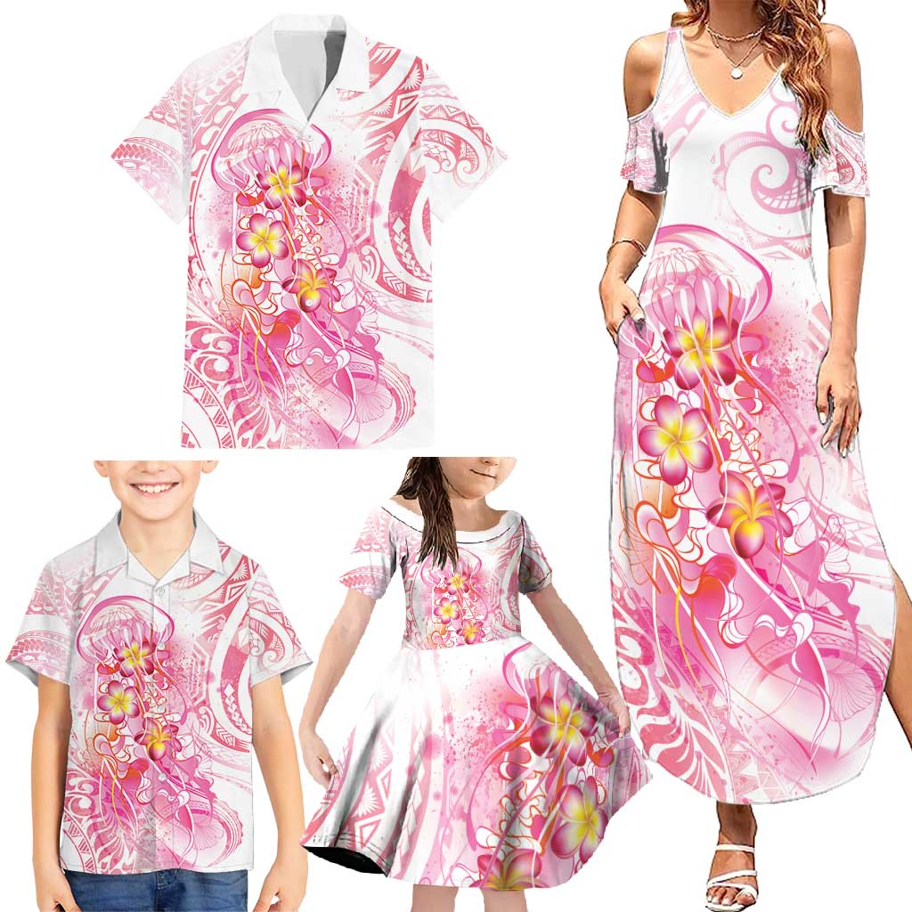 Rose Pink Polynesian Jellyfish Family Matching Summer Maxi Dress and Hawaiian Shirt Watercolor Glows LT7 - Polynesian Pride