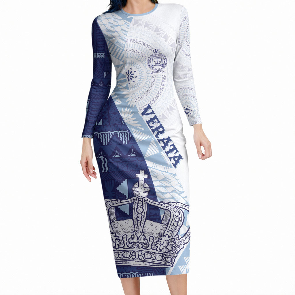 Queen Victoria School Fiji Vulinitu Verata House Long Sleeve Bodycon Dress Masi Tapa LT7 Long Dress Blue - Polynesian Pride
