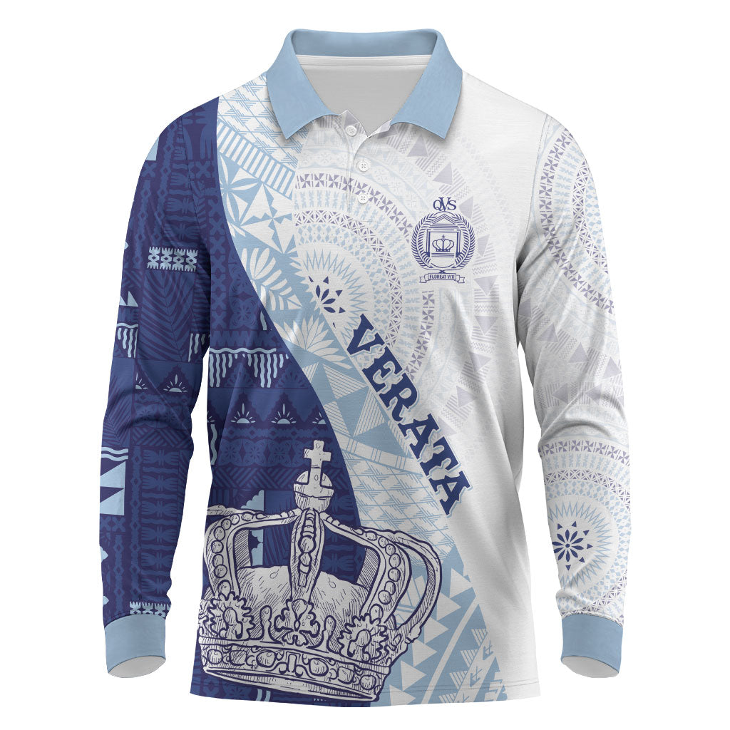Queen Victoria School Fiji Vulinitu Verata House Long Sleeve Polo Shirt Masi Tapa LT7 Blue - Polynesian Pride