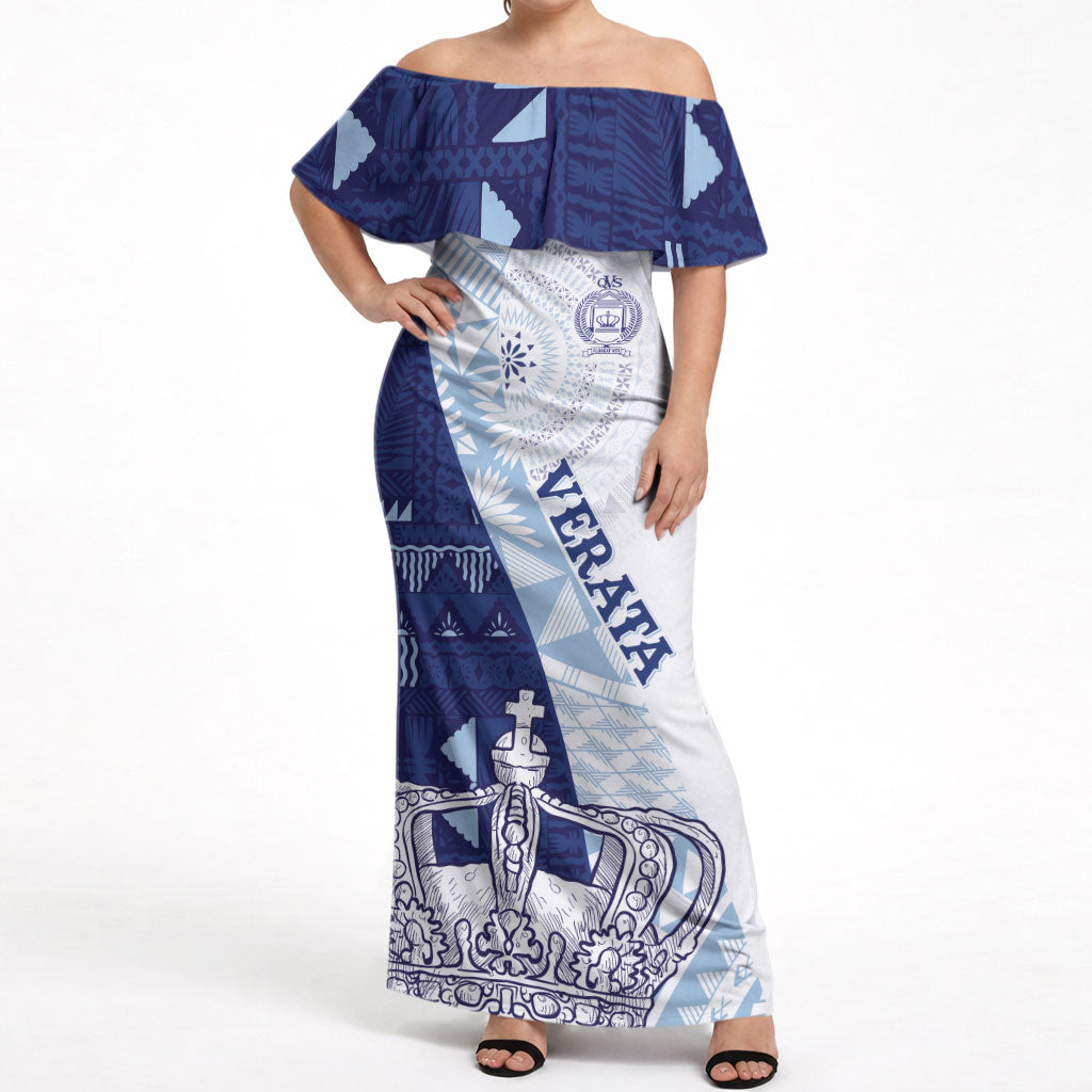 Queen Victoria School Fiji Vulinitu Verata House Off Shoulder Maxi Dress Masi Tapa LT7 Women Blue - Polynesian Pride