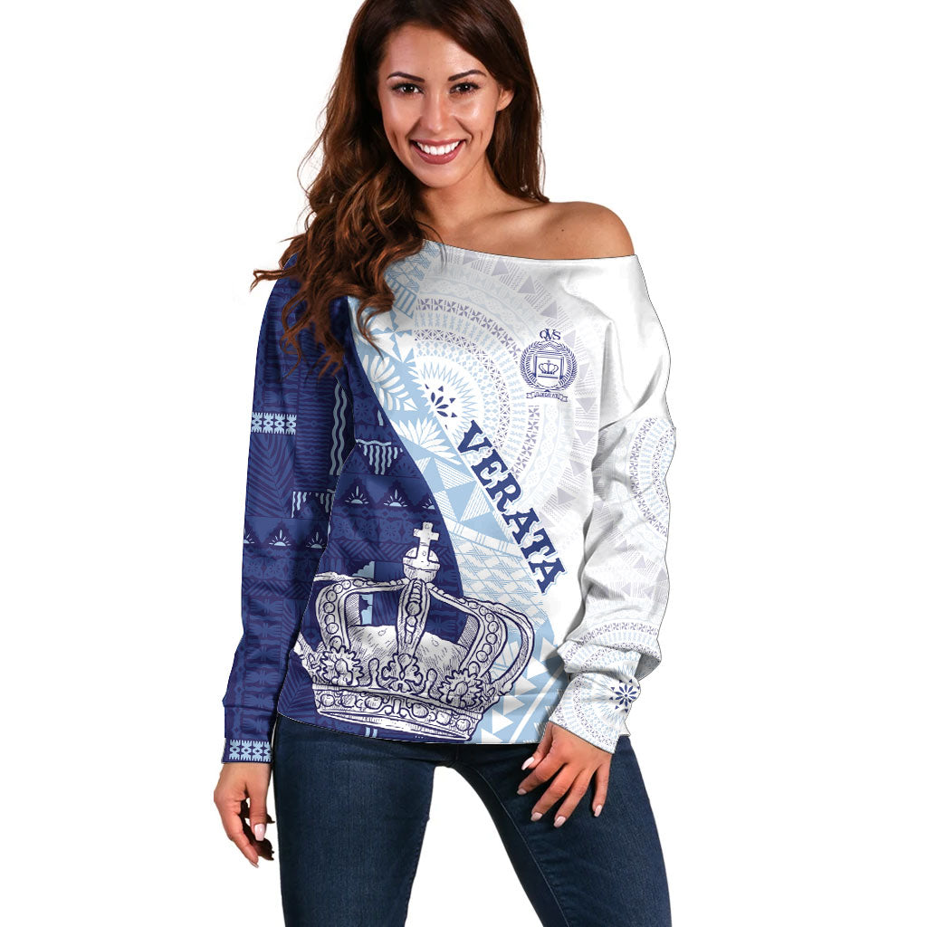 Queen Victoria School Fiji Vulinitu Verata House Off Shoulder Sweater Masi Tapa LT7 Women Blue - Polynesian Pride