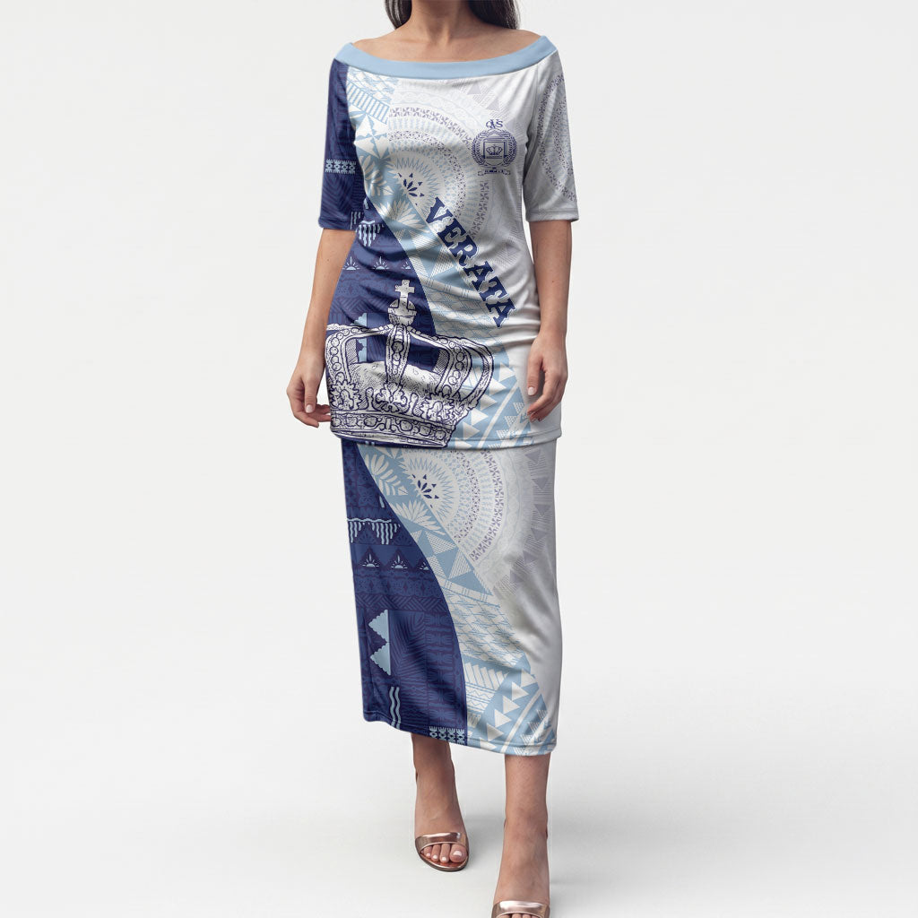 Queen Victoria School Fiji Vulinitu Verata House Puletasi Masi Tapa LT7 Long Dress Blue - Polynesian Pride