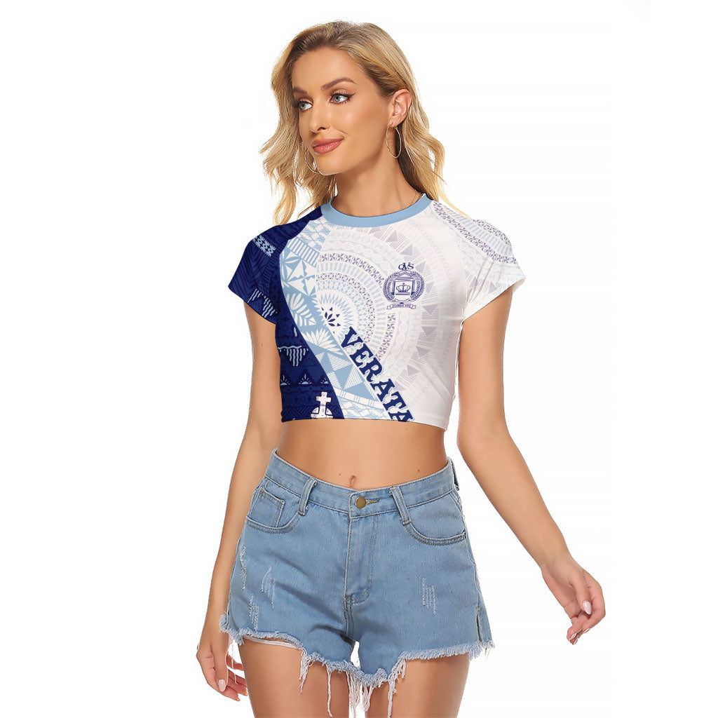 Queen Victoria School Fiji Vulinitu Verata House Raglan Cropped T Shirt Masi Tapa LT7 Female Blue - Polynesian Pride